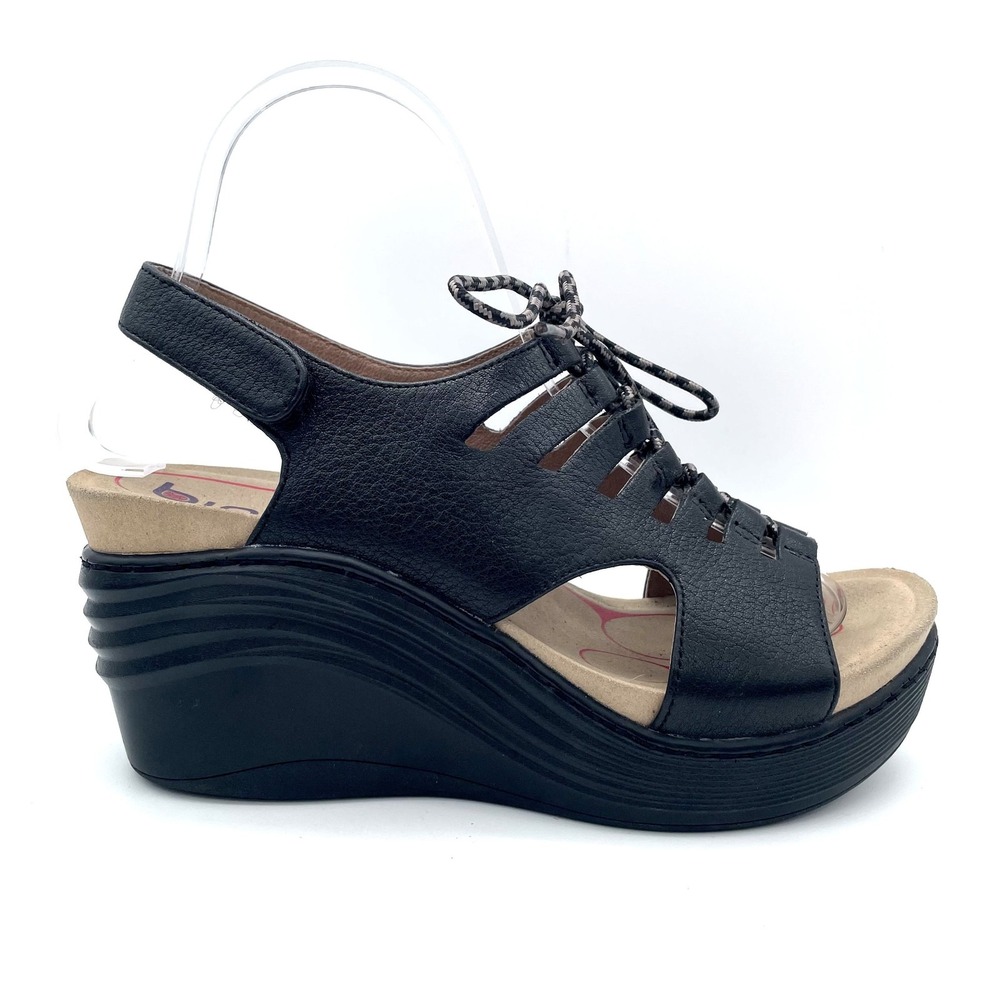 Bionica Balance Black Leather Wedge Sandals Womens 7.5M Comfort Lace Up Boho
